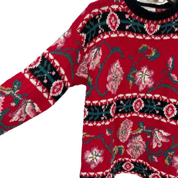 Express Vintage 80s Hand Knit Floral Tunic Sweater Oversized XS S Medium - Picture 3 of 7